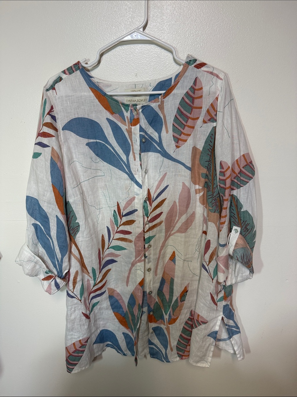 Cynthia Rowley White Button-Front Linen Top with Blue, Green & Rust Leaf Print